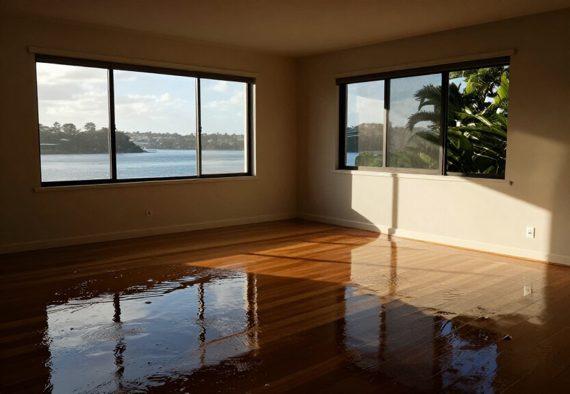 Waterlogged carpet in a Lilli Pilli living room before drying